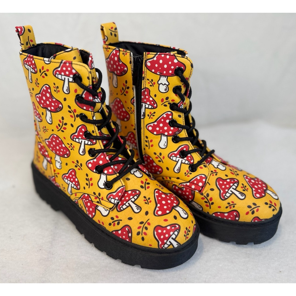 Yoki Yellow Red Mushroom Boots‎ Vegan Leather Lug Sole Combat Size 6